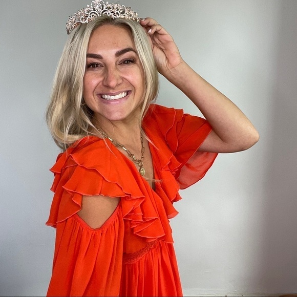 Three Floor Orange Red Ruffle Dress - Picture 9 of 10